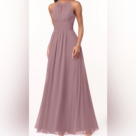 Azazie “Bonnie” chiffon A-line bridesmaid long dress, S halter neckline ruched - Picture 1 of 15